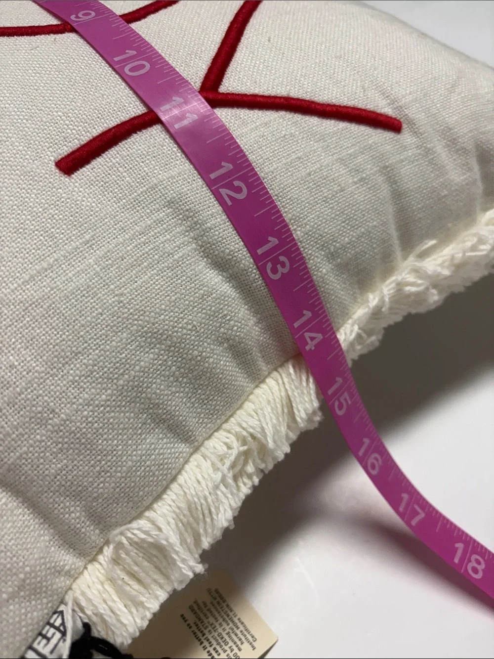 JOY Embroidered Fringe Holiday Throw Pillow - Cream with Red
